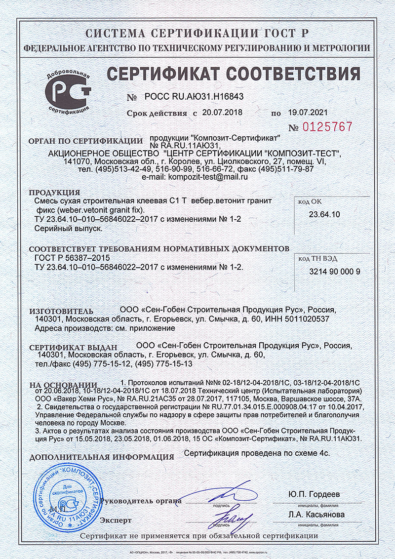 Сертификат соответствия на Ветонит Гранит Фикс до 2021 года